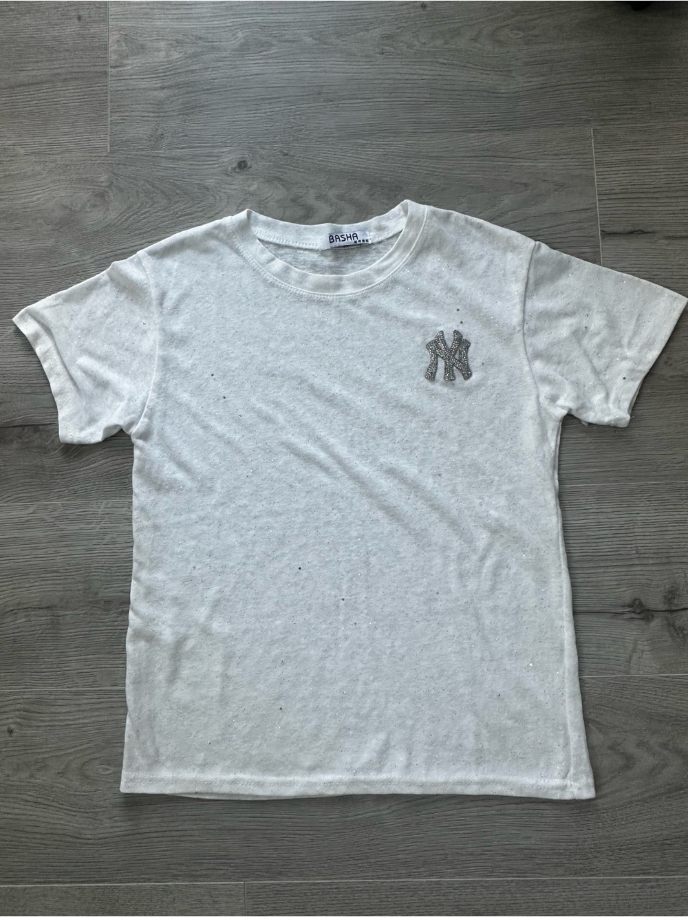White NY Yankees Shimmer Jersey Shirt Metallic Star Knit Crewneck Small